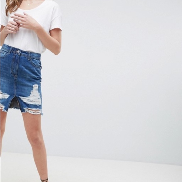 Parisian Midi Distressed Jean Denim Raw Hem Skirt - Picture 3 of 12